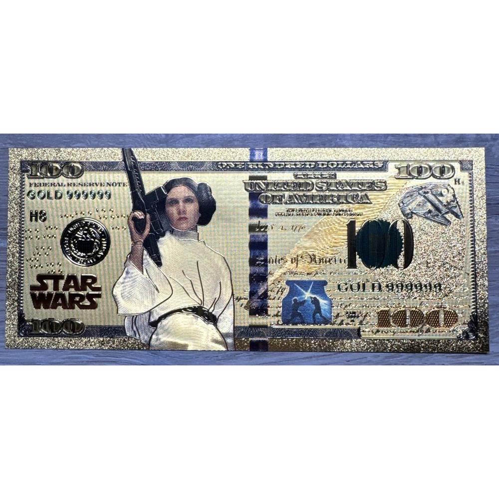 24k Gold Plated Princess Leia Organa Star Wars Banknote Collectible $100 Bill